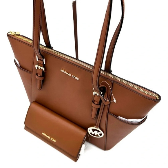 Michael Kors Large Charlotte Tote Bag & Large Trifold Wallet Luggage Brown Set - Picture 12 of 15